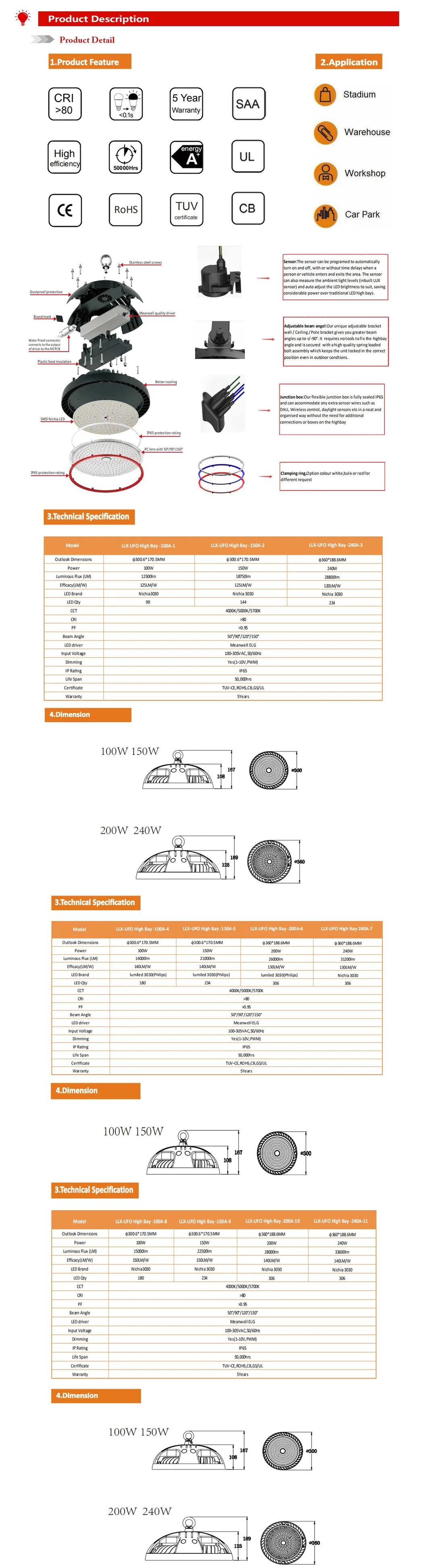 100W/150W/200W/240W LED High Bay Lamp for Industrial/Warehouse/Workshop Lighting