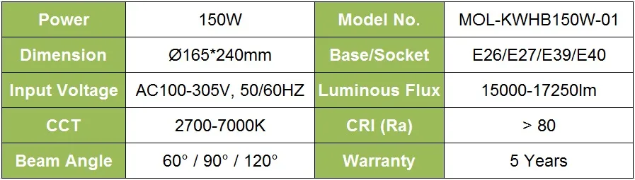 150W LED E40 High Bay Factory Light Lamp 100V 110V 277V