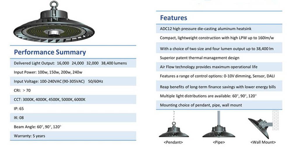 160lm/W LED Industrial Lamp IP65 UFO Highbay 240W Dimmable 5 Years Warranty