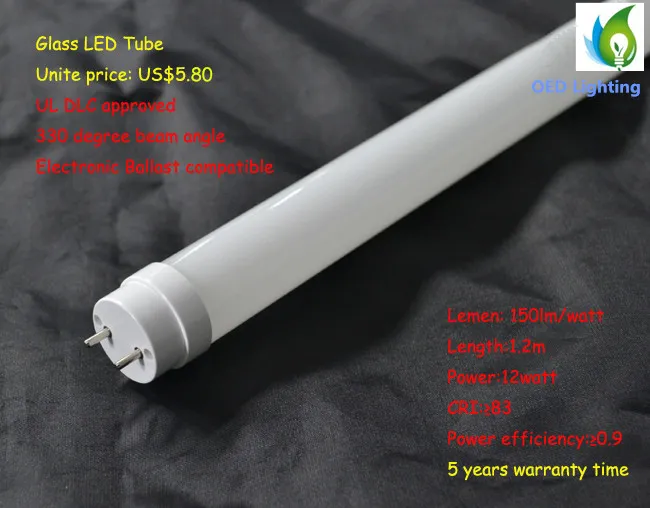 5 Year Warranty UL Listed T8 12W Glass LED Tube with 100-277VAC and 150lm/W