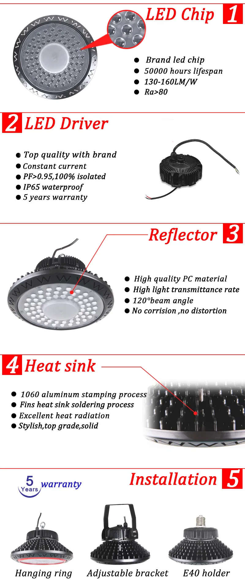 5 Years Warranty 100W/150W/200W 130lm/W UFO LED light Bay Lighting for Mine/Tunnel/Gas Station