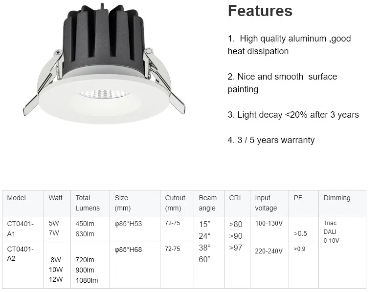 72mm Cutout 5W 7W Recessed Dimmable LED COB Downlight for Low Ceiling