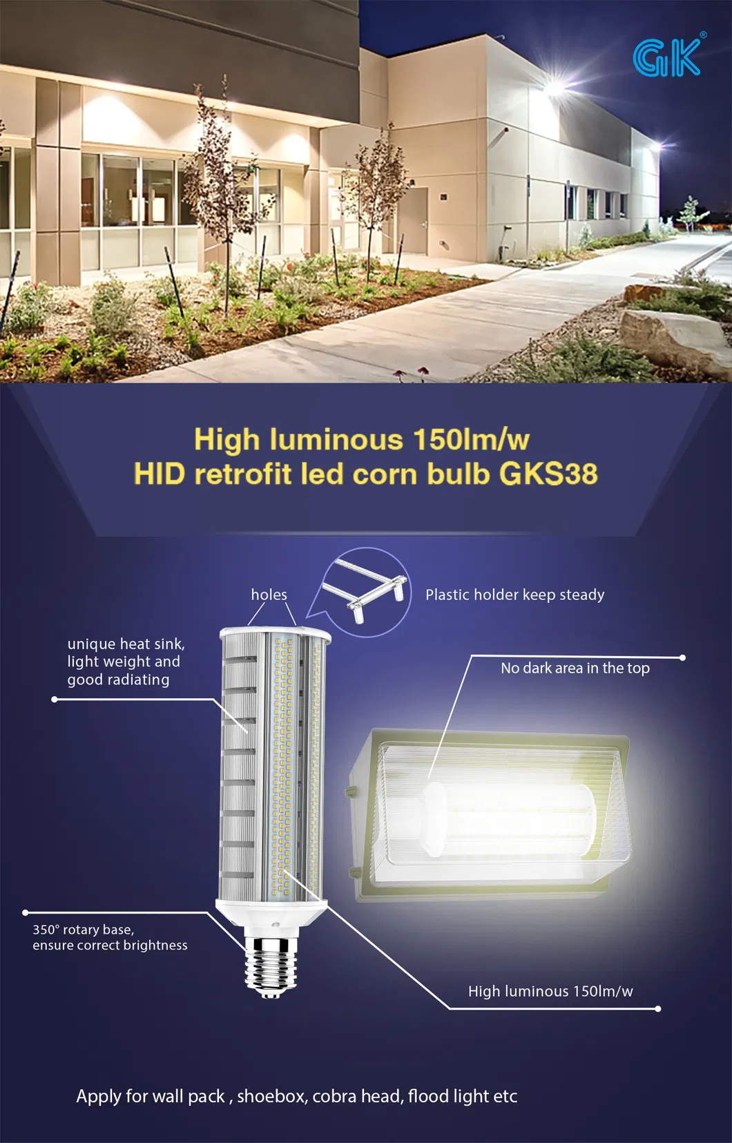 7800lm 5000K Daylight Wall Mount Outdoor Security Lighting Fixture, Warehouse Light
