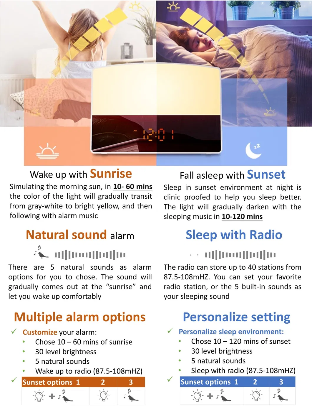 Alarm Clock FM Radio Wake up Light RGB Color Change Sunrise Simulation Wake up Light