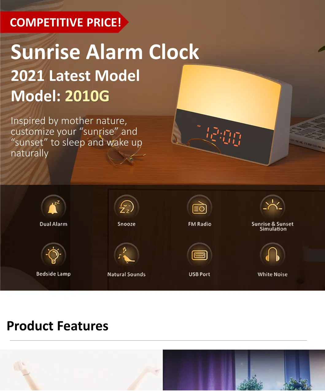 Alarm Clock FM Radio Wake up Light RGB Color Change Sunrise Simulation Wake up Light