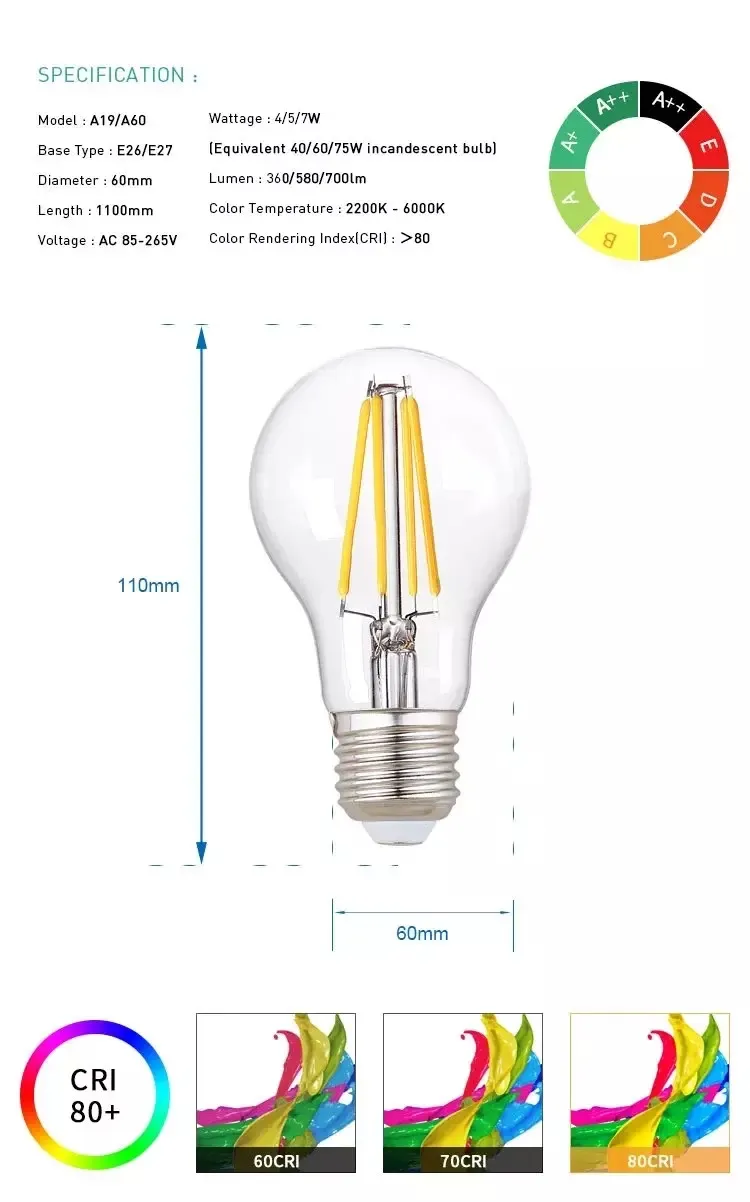 Ce UL Saso RoHS Vintage A65 2W-8W E27 LED Filament Light Made in China for Office, Home, Restaurant, Showroom Lighting From Best Distributor Factory