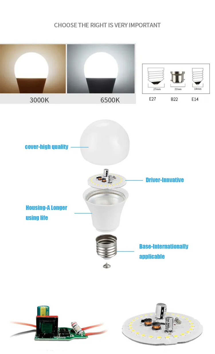 Cheap PCB 6000K 3W 7W 9watt LED Ball Lighting Bulb