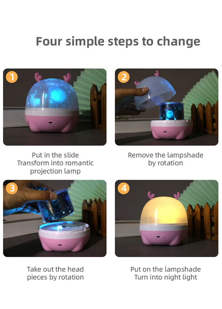 Cute Deer Shape Sky Starry Light LED Desk Lamp Portable Tricolor Projection Lamp for Backgournd Decoration Children Room