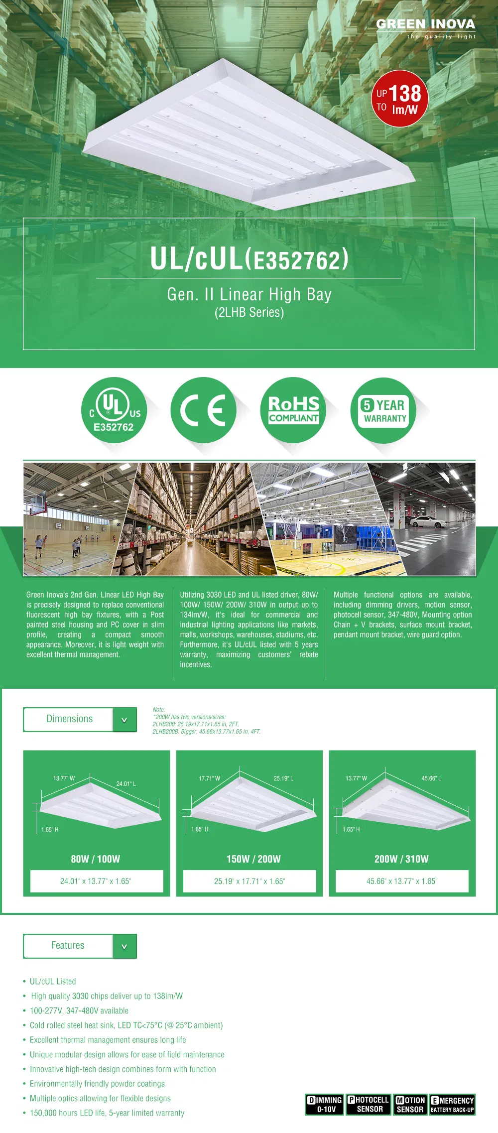 Dlc UL Ce SAA (80W 100W 150W 200W 310W) LED Lamp Linear High Bay Lighting Fitting Light