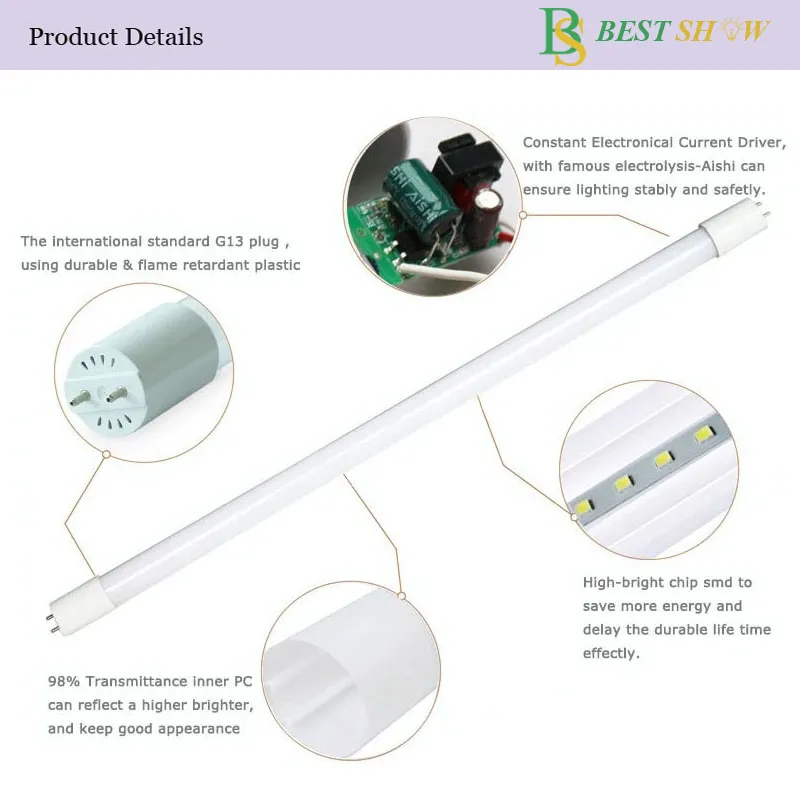 Foshan OEM Factory 60cm 120cm 150cm 9 Watt 10 Watt 18 Watt Full Plastic T8 LED Tube Light 2feet 4feet 5feet Silver Caps 4500K