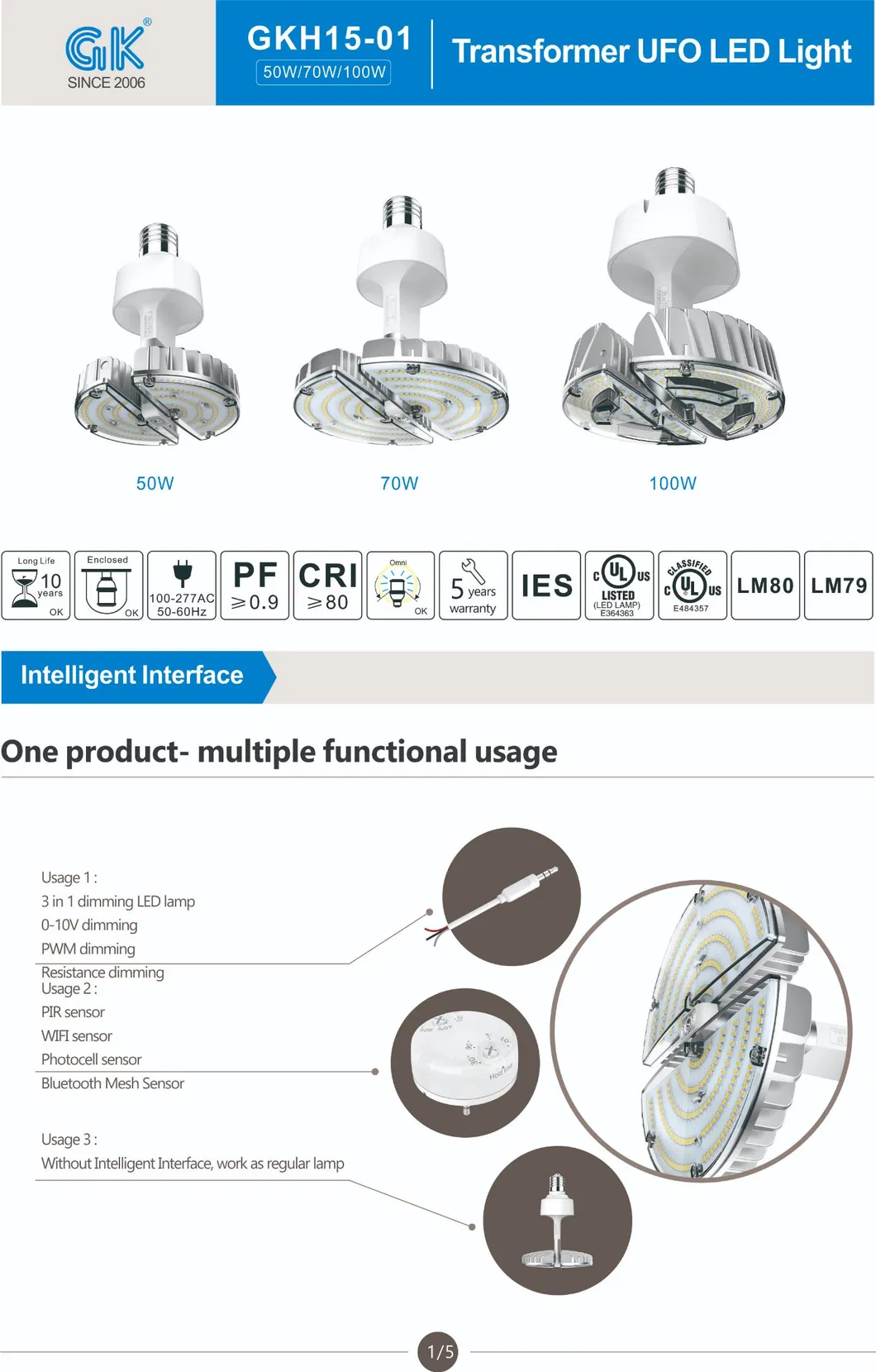Guanke Commercial Grade Lighting 50W 70W 100W, 5000K Daylight, UL, Dlc, UFO LED High Bay Light