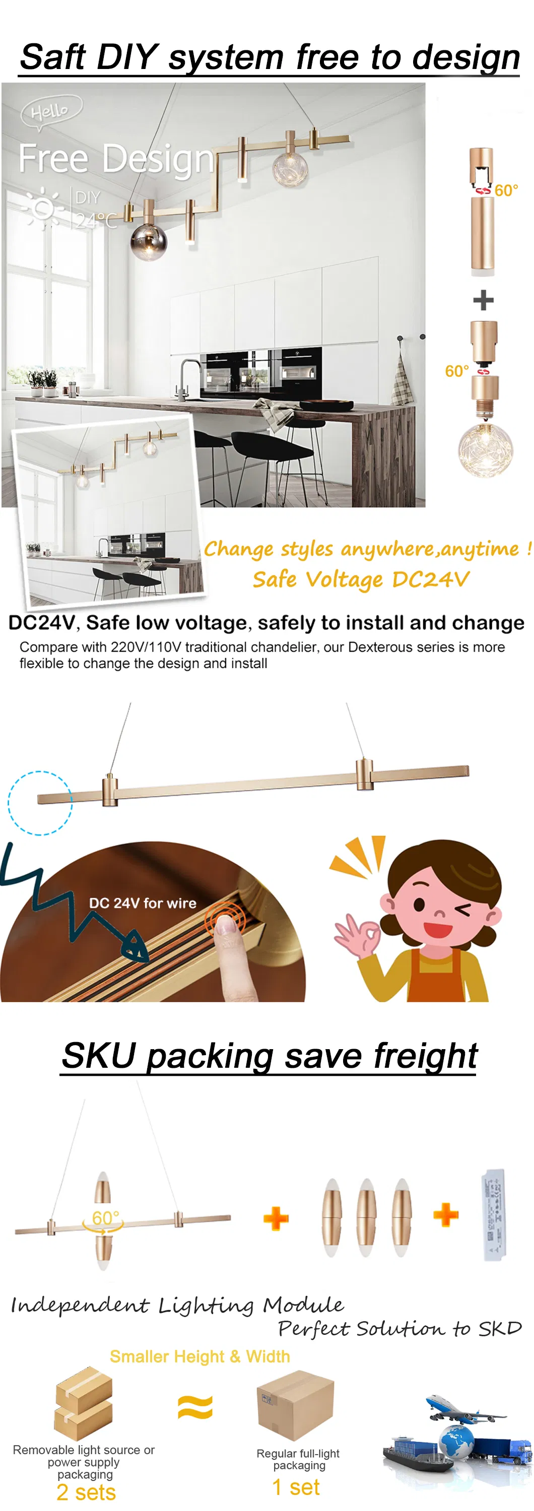 Hot Sales DIY Lamp Dexterous Series DC24V LED18W 3000K or 6000K Home Hotel Designer Decoration Modern Ceiling Chandelier Black Golden Pendant Lamp Indoor Light