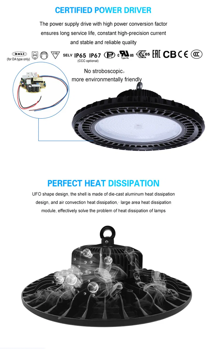 Industrial Factory Warehouse IP65 Waterproof 100W 150W 200W UFO LED High Bay Light