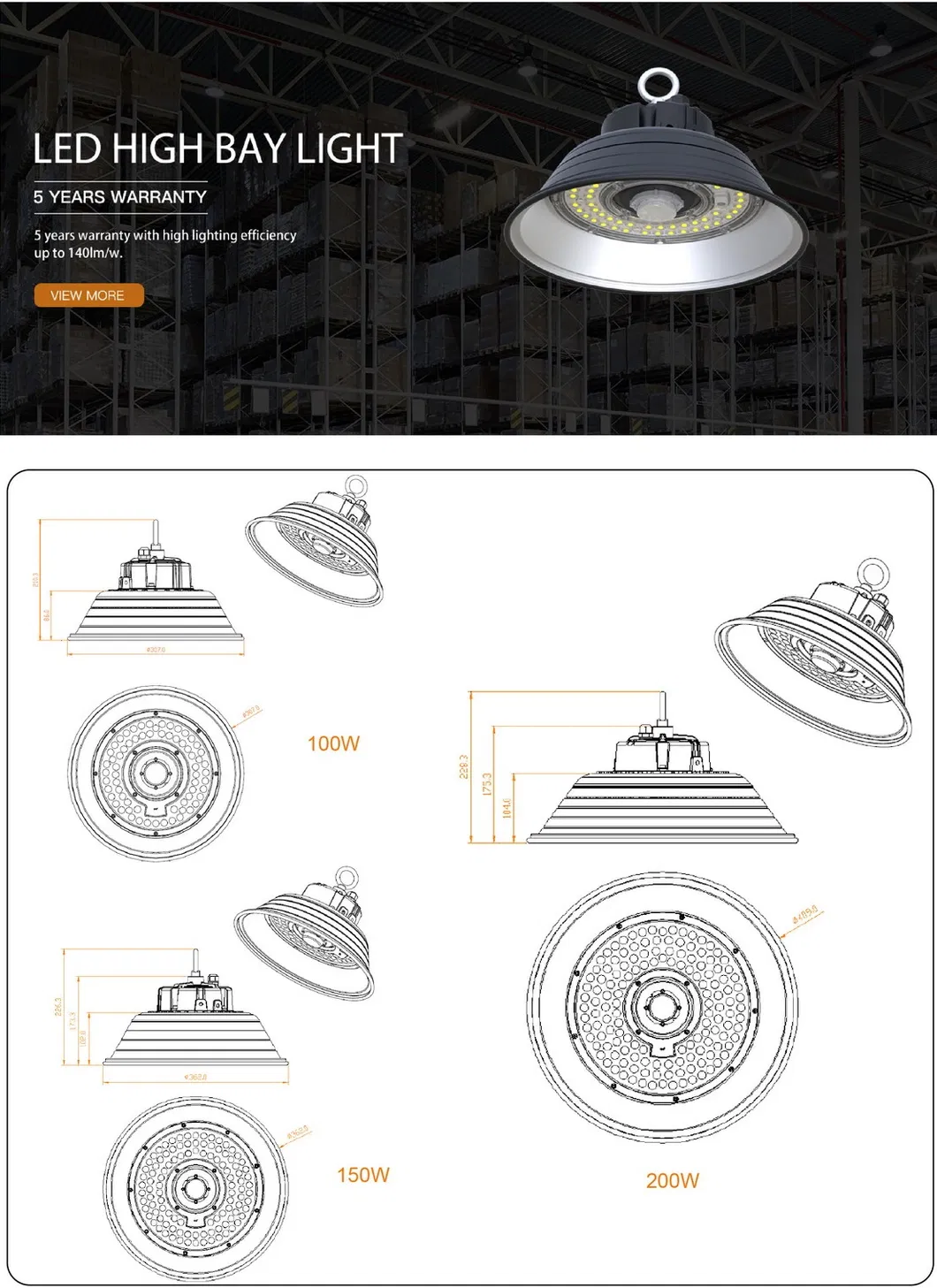 LED Industrial High Bay Light Fixture 100W 150W 200W with Ce RoHS