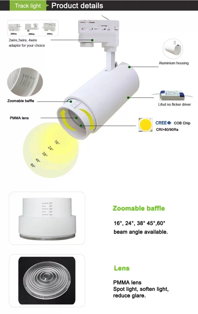 Zoomable Museum Art Gallery COB LED Track Light 15W 25W 30W Energy Saving Track Light Shop Light